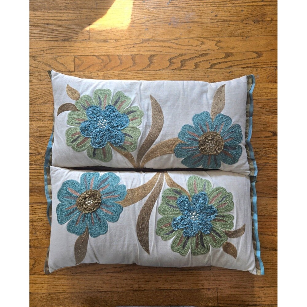 Pier 1 Imports Floral PAIR Throw Pillows Green Blue Embroidered Texture 24"x11"